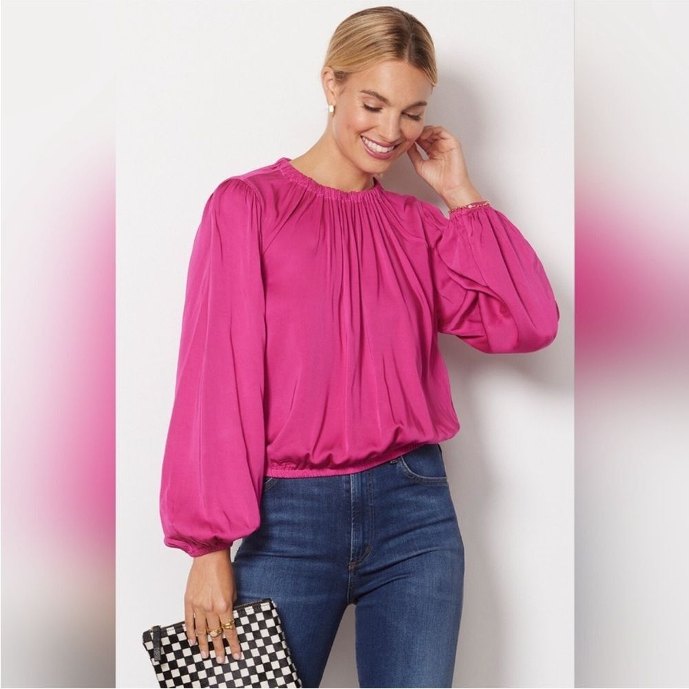 Anthropologie Cloth & Stone Luxe Satin Banded Blouse in Berry Fizz L